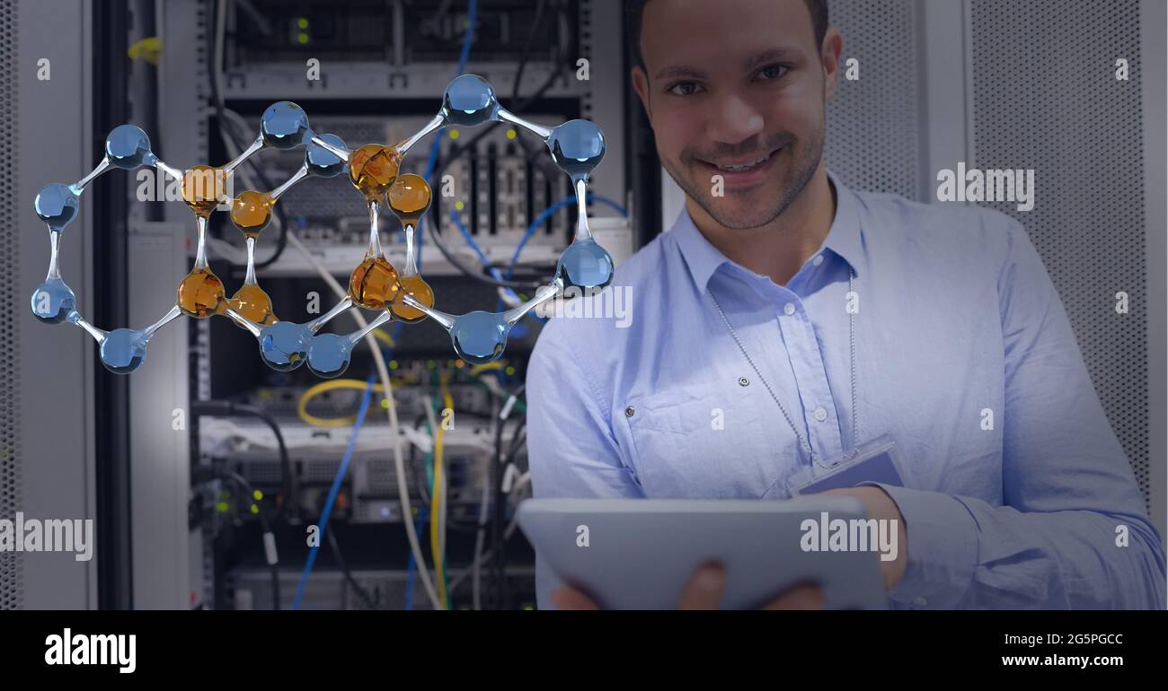 Composition of digital chemical compound over businessman using tablet by computer server Stock Photo