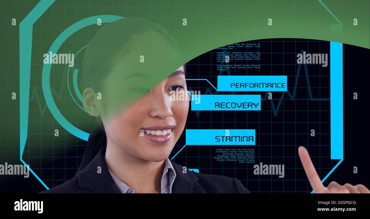 Composition of businesswoman touching screen with data processing Stock Photo