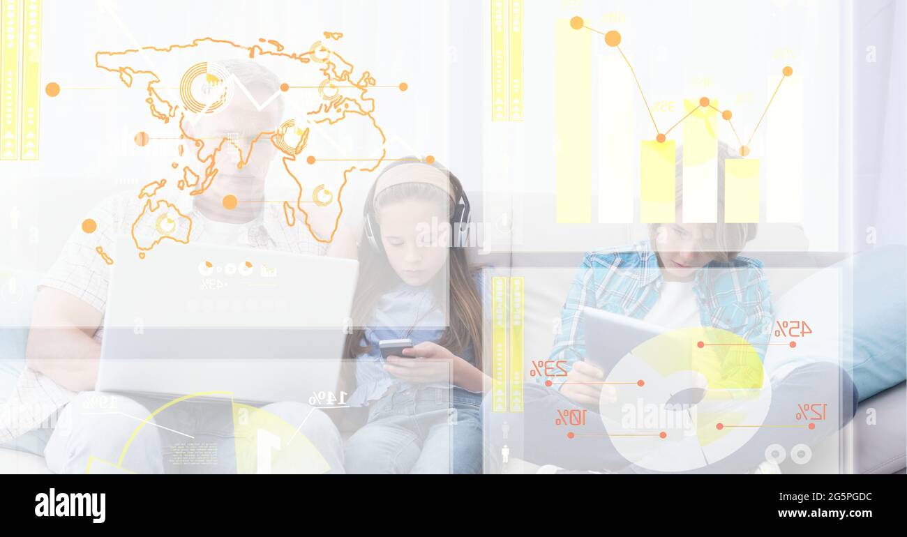 Composition of screen with digital data processing over family using electronic devices Stock Photo