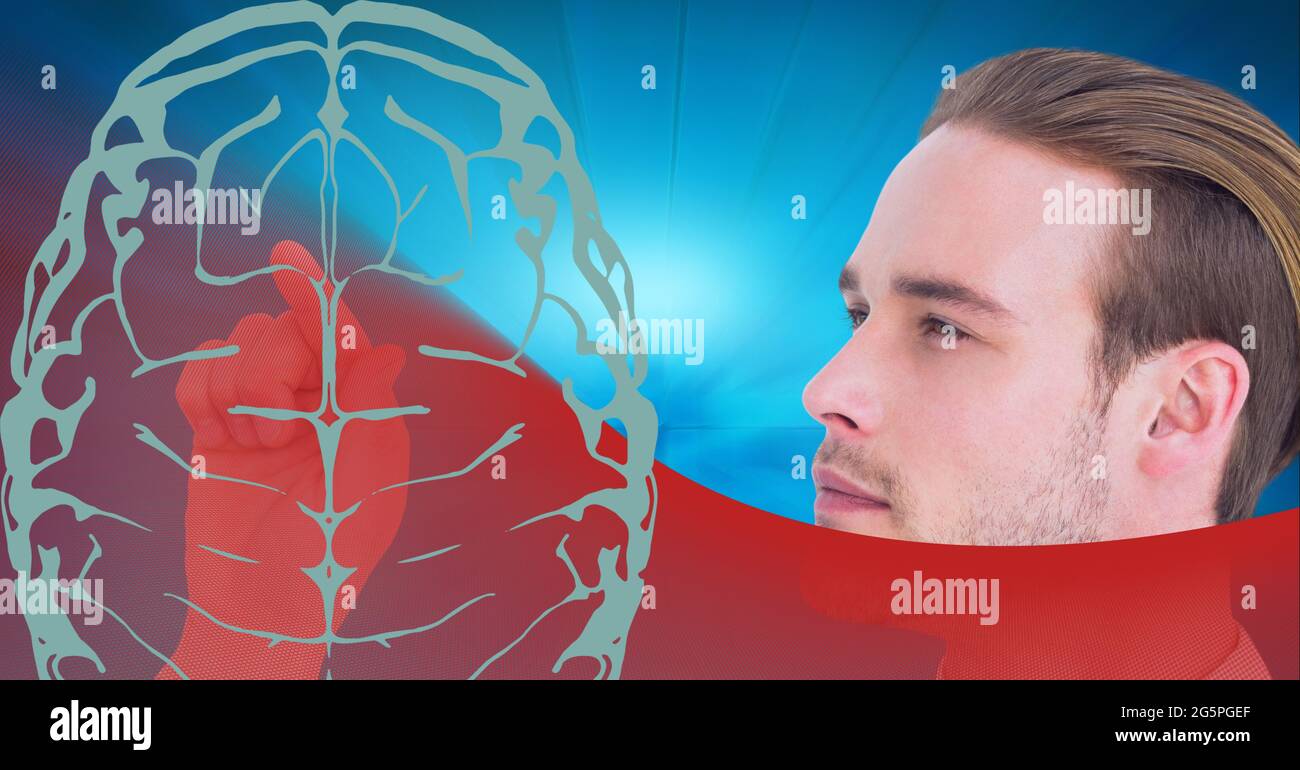 Composition of businessman touching screen with human brain Stock Photo