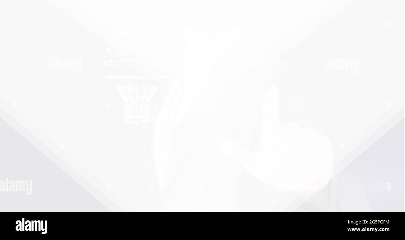 Composition of businessman touching interactive screen with lightbulb Stock Photo