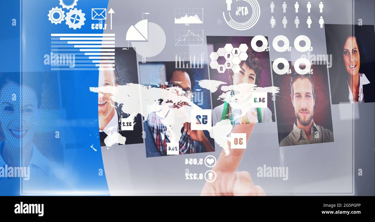 Composition of finger touching interactive screen with photos and data processing Stock Photo