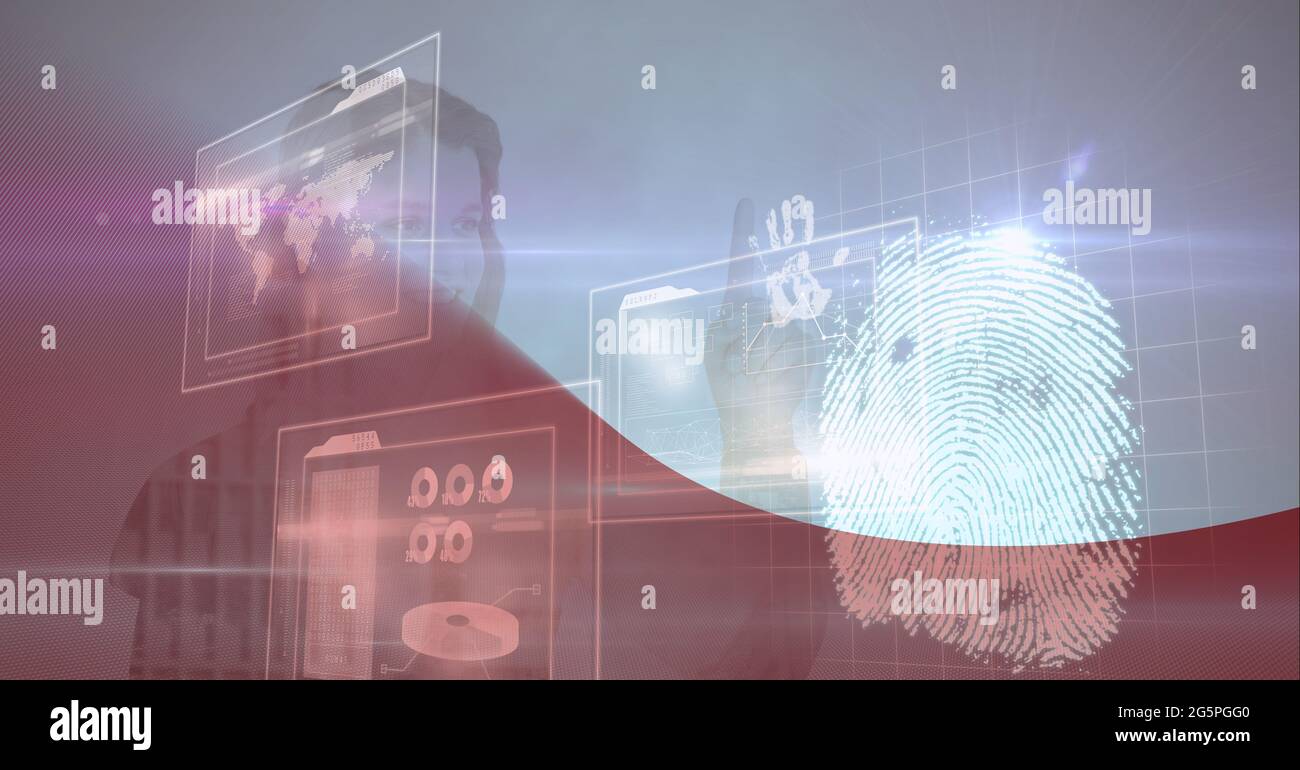 Composition of woman touching interactive screen with data processing Stock Photo