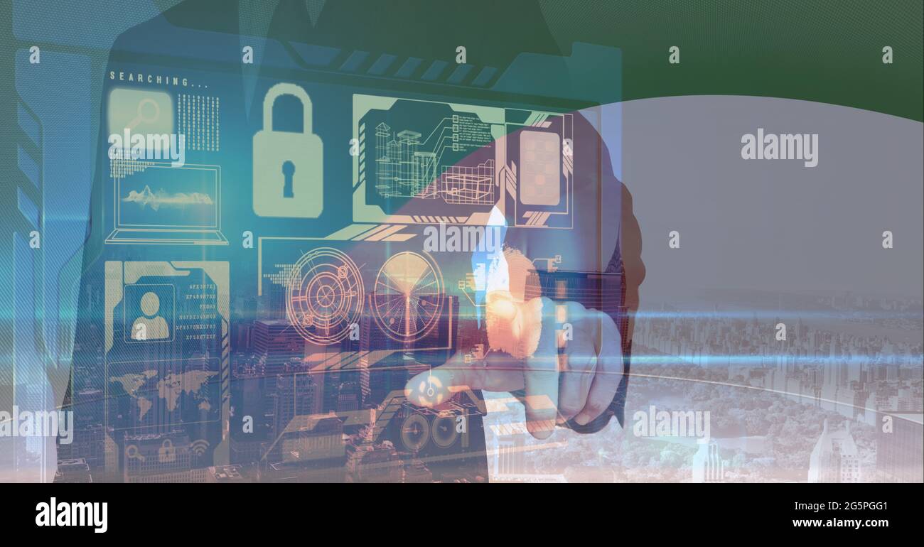 Composition of businessman touching interactive screen with data processing Stock Photo