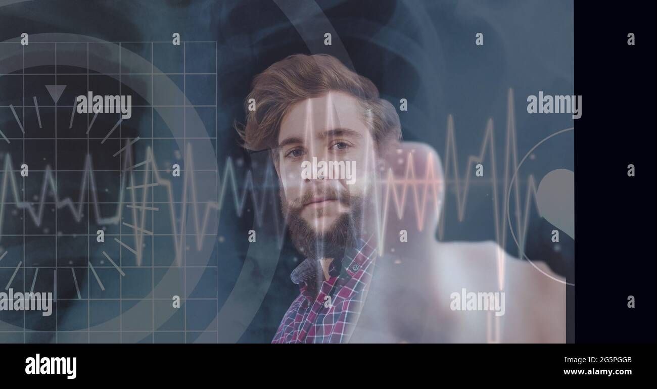 Composition of businessman touching interactive screen with data processing Stock Photo
