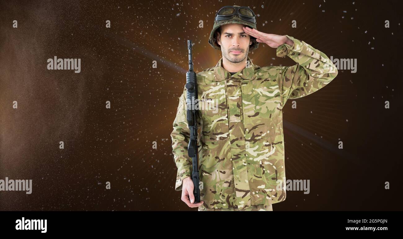 Composition of saluting male soldier in camouflage and helmet, holding ...