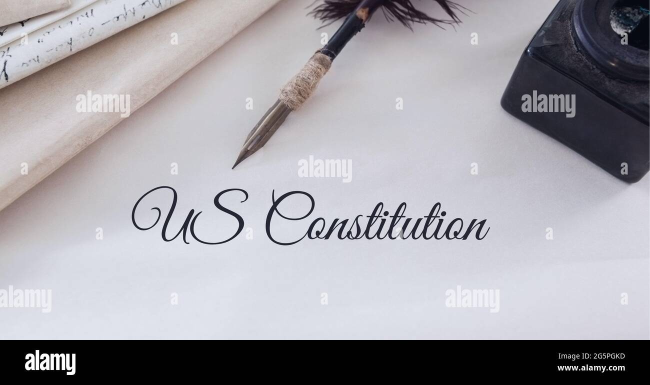 Composition of text us constitution, with quill pen and inkwell on antique documents Stock Photo