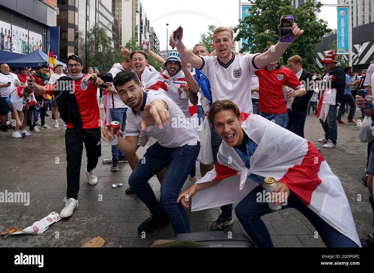 Fans arrive at Wembley ahead of the UEFA Euro 2020 round of 16 match between England and Germany at the 4TheFans fan zone outside Wembley Stadium. Picture date: Tuesday June 29, 2021. Stock Photo