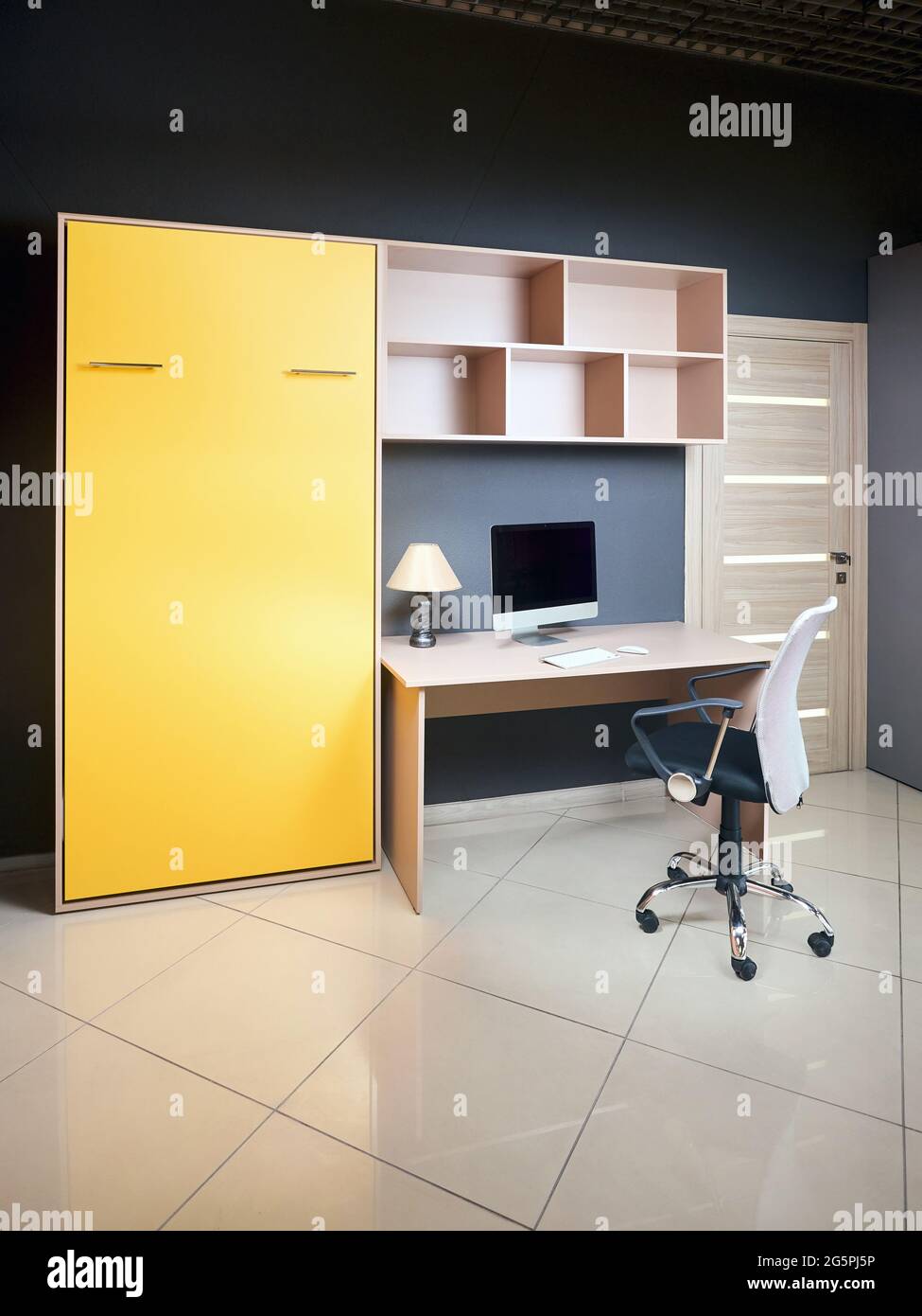 Bedroom interior with yellow folded Vertical Mount Murphy Wall Bed