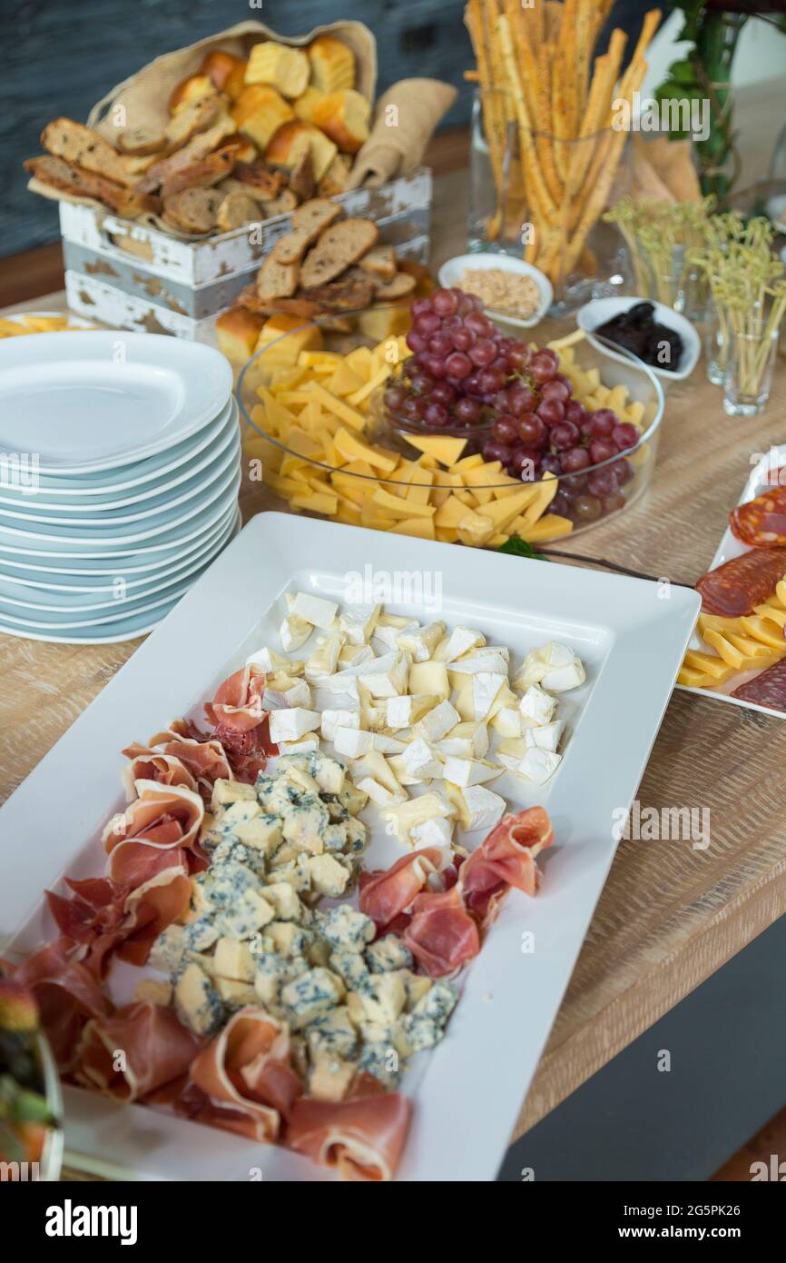 Social events reception; tasty snacks for guests at the reception Stock