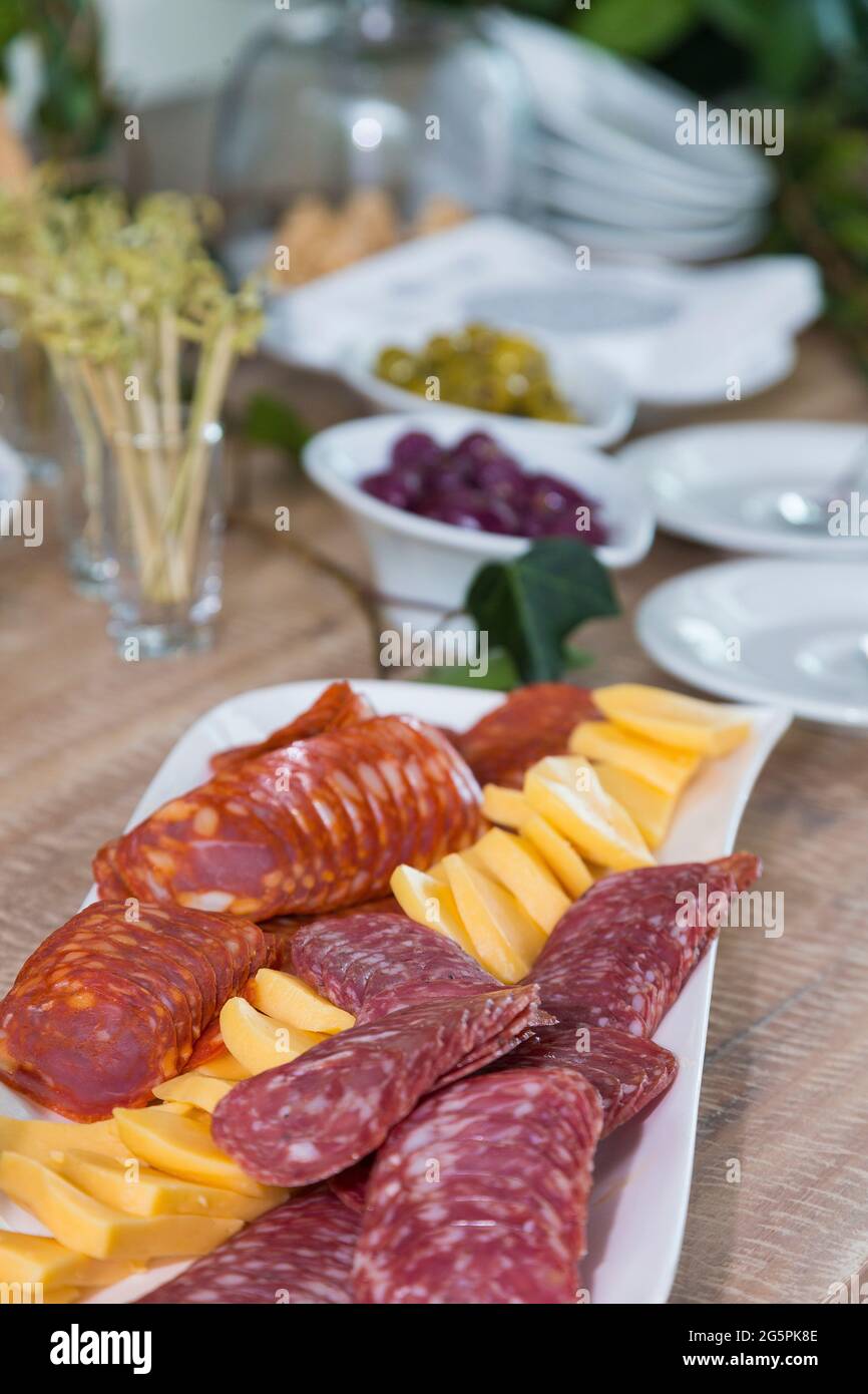 Social events reception; tasty snacks for guests at the reception Stock