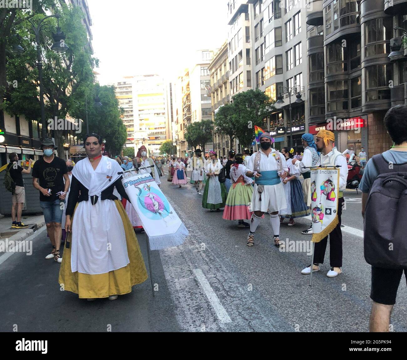 VALENCIA, SPAIN - Jun 28, 2021: Fallera trans in LGBT Pride Manifestation 2021 in the city of Valencia as a celebration of the International Gay Pride Stock Photo