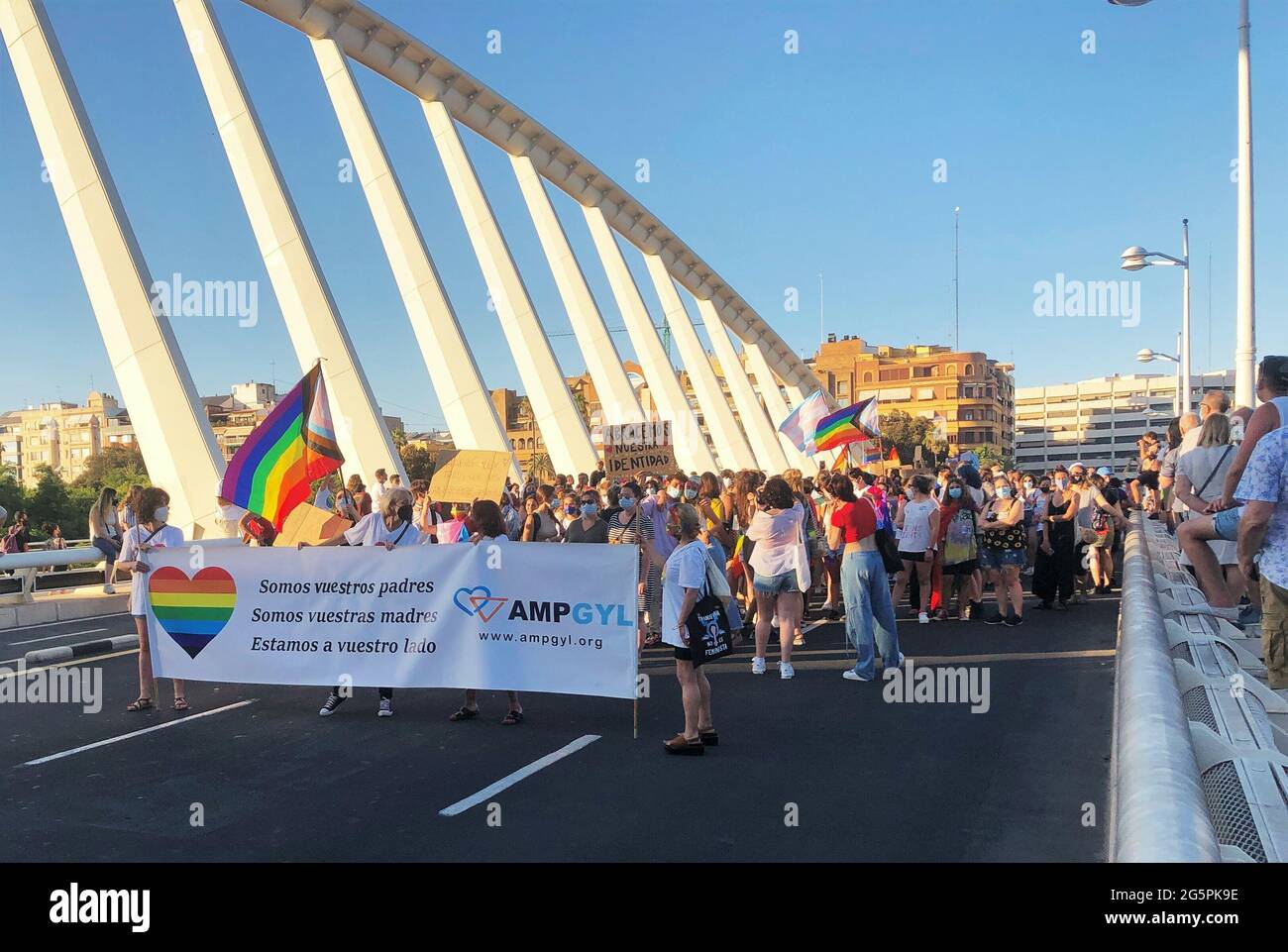 VALENCIA, SPAIN - Jun 28, 2021: Fathers in LGBT Pride Manifestation 2021 in the city of Valencia as a celebration of the International Gay Pride Day. Stock Photo