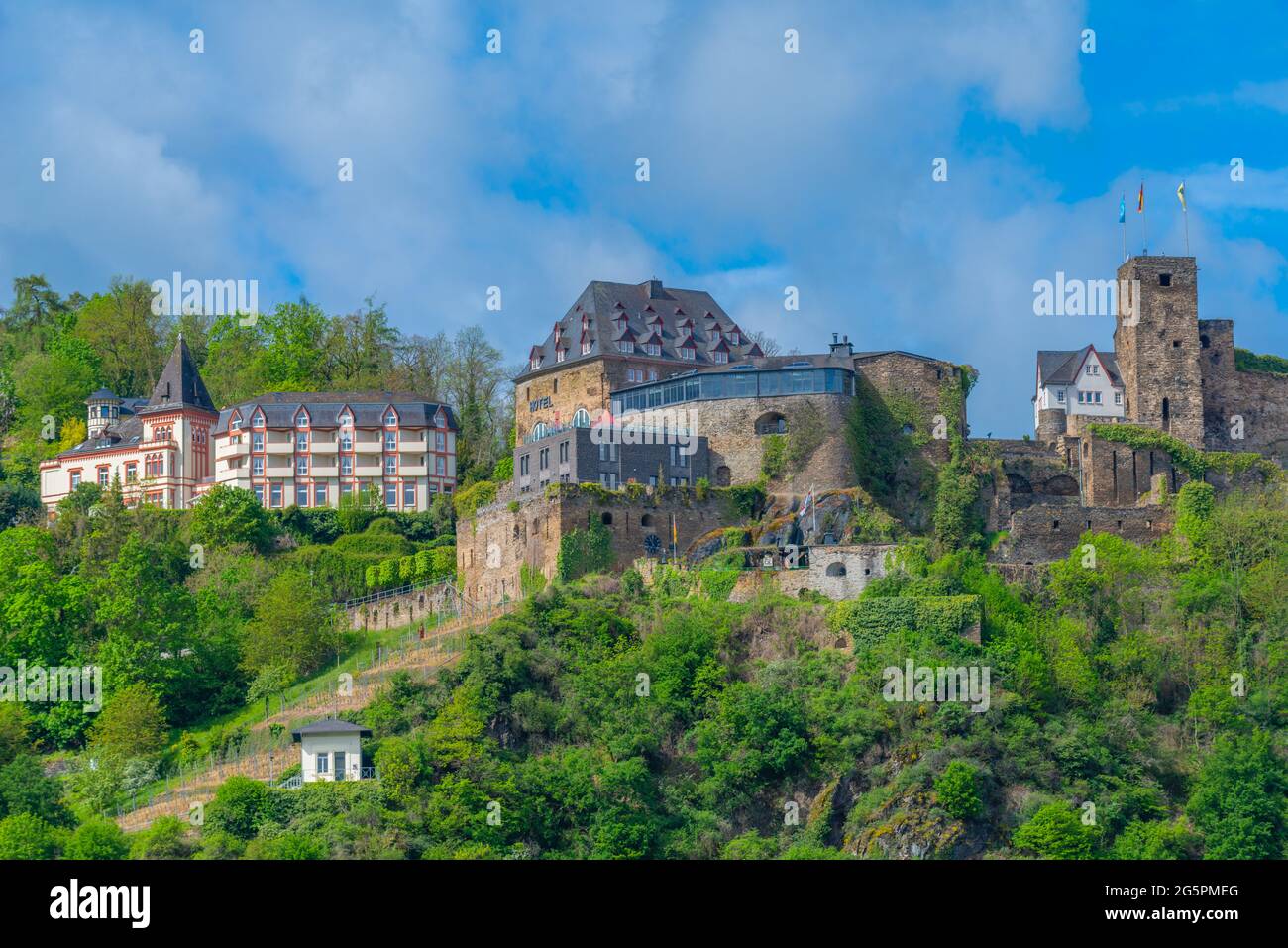 Mighty medieval fortress Rheinfels Castle at the Rhine castle trail in St. Goar, Upper Middle Rhine Valley, UNESCO World Heritage, Germany Stock Photo