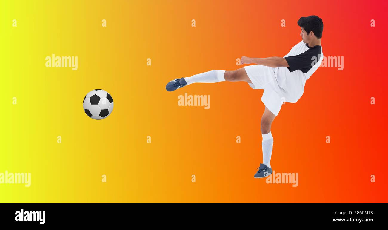 Composition of male football player kicking football with copy space