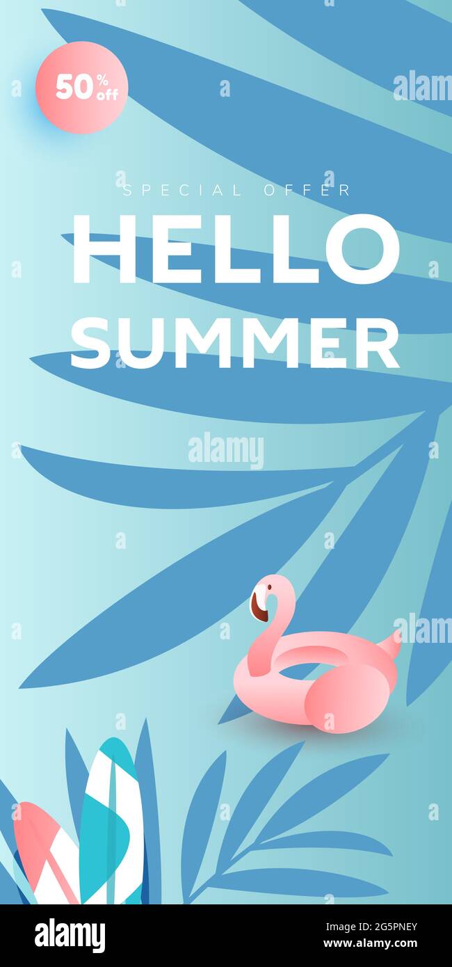 hello summer sale banner design with ocean, tropical leaves and pink ...