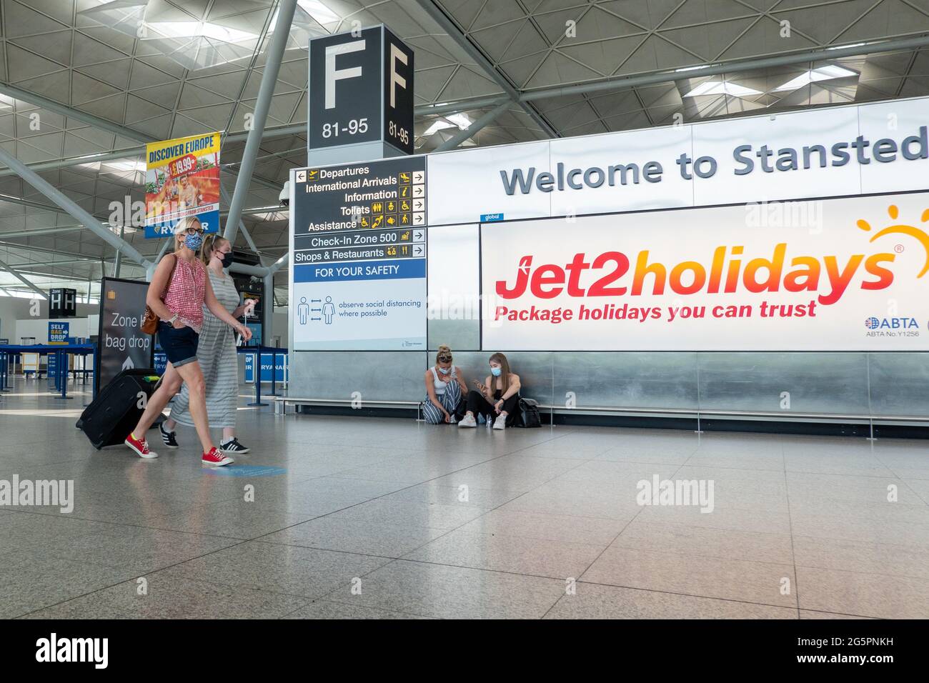 Picture dated June 3rd shows a very quiet Stansted Airport in Essex on Friday afternoon with only a few passengers flying to Europe as travel restrictions remain.  The airport is likely to remain quiet for at least the next 3 weeks as countries remain on  the Amber and Red  List and Portugal is reported to be removed down to amber. Stock Photo