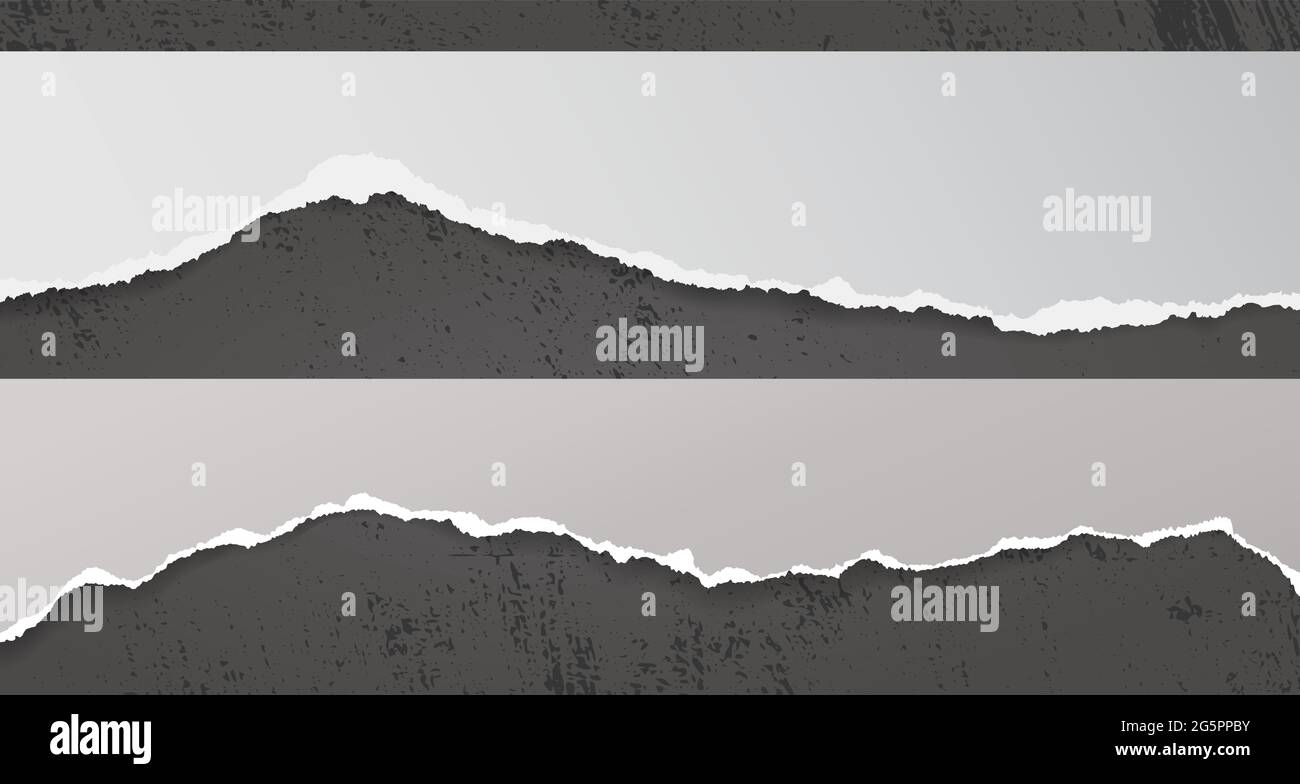 Torn, ripped white paper strips with soft shadow are on dark stained ...
