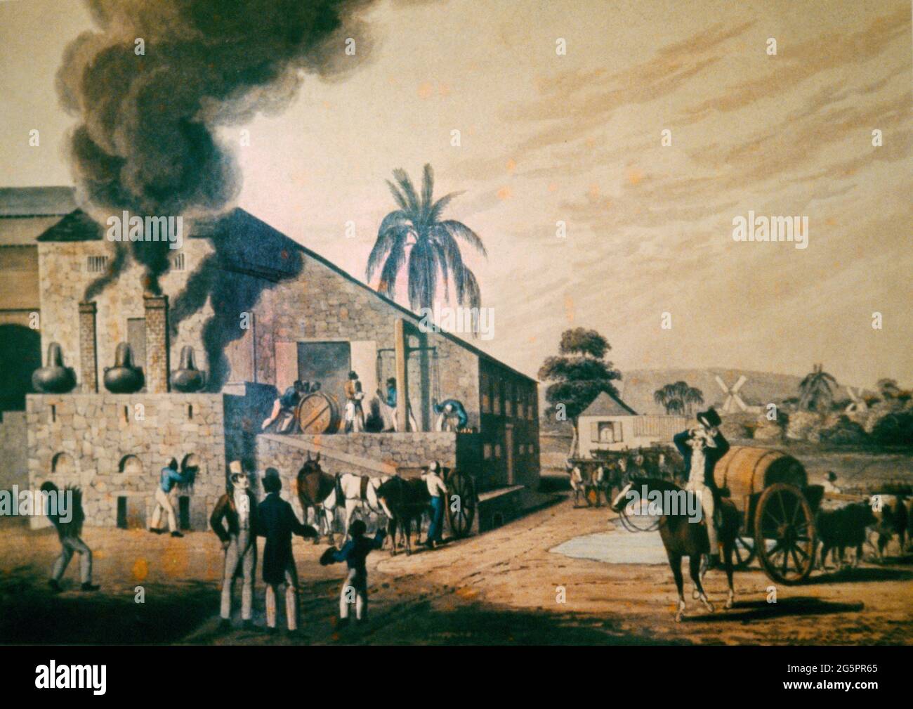 Bettys Hope Antigua Sugar Mill Slaves - Boiling Sugar 19 Century Painting In Bettys Hope Museum Stock Photo