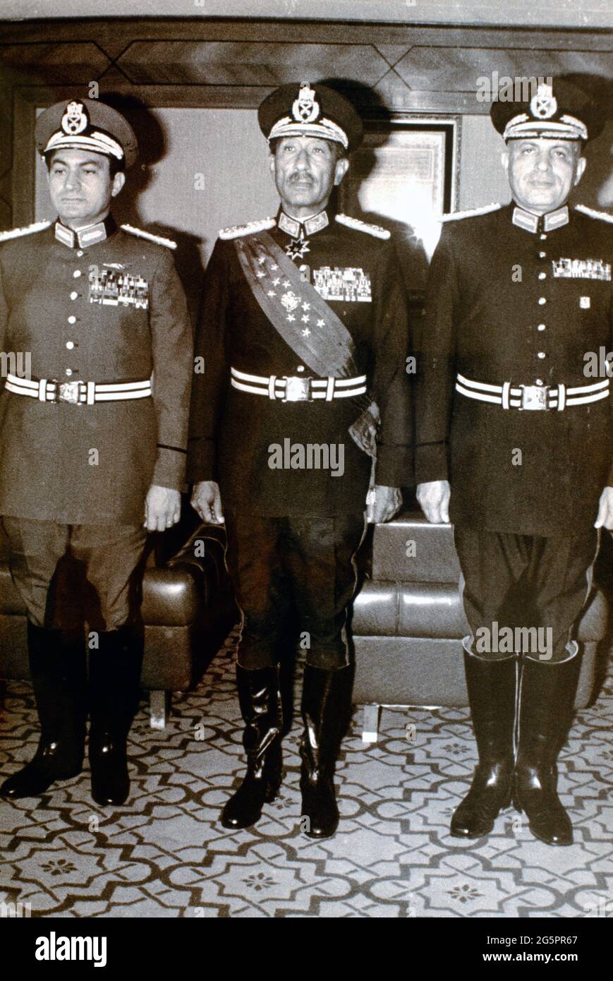 Egypt -Anwar Sadat With Hosni Mubarak & Abu Ghazala In Uniform Just Before Assassination Stock Photo