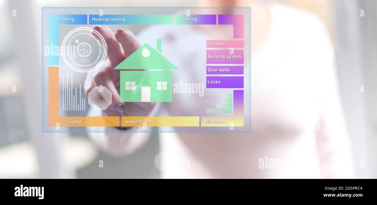 Woman touching a smart home concept on a touch screen with her fingers ...