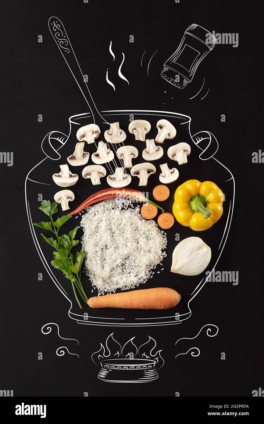 Set of ingredients for cream mushrooms soup. Mushrooms, rice, onion, carrot and pepper. Artwork. Drawn in chalk. Cooking pot on fire. Stock Photo