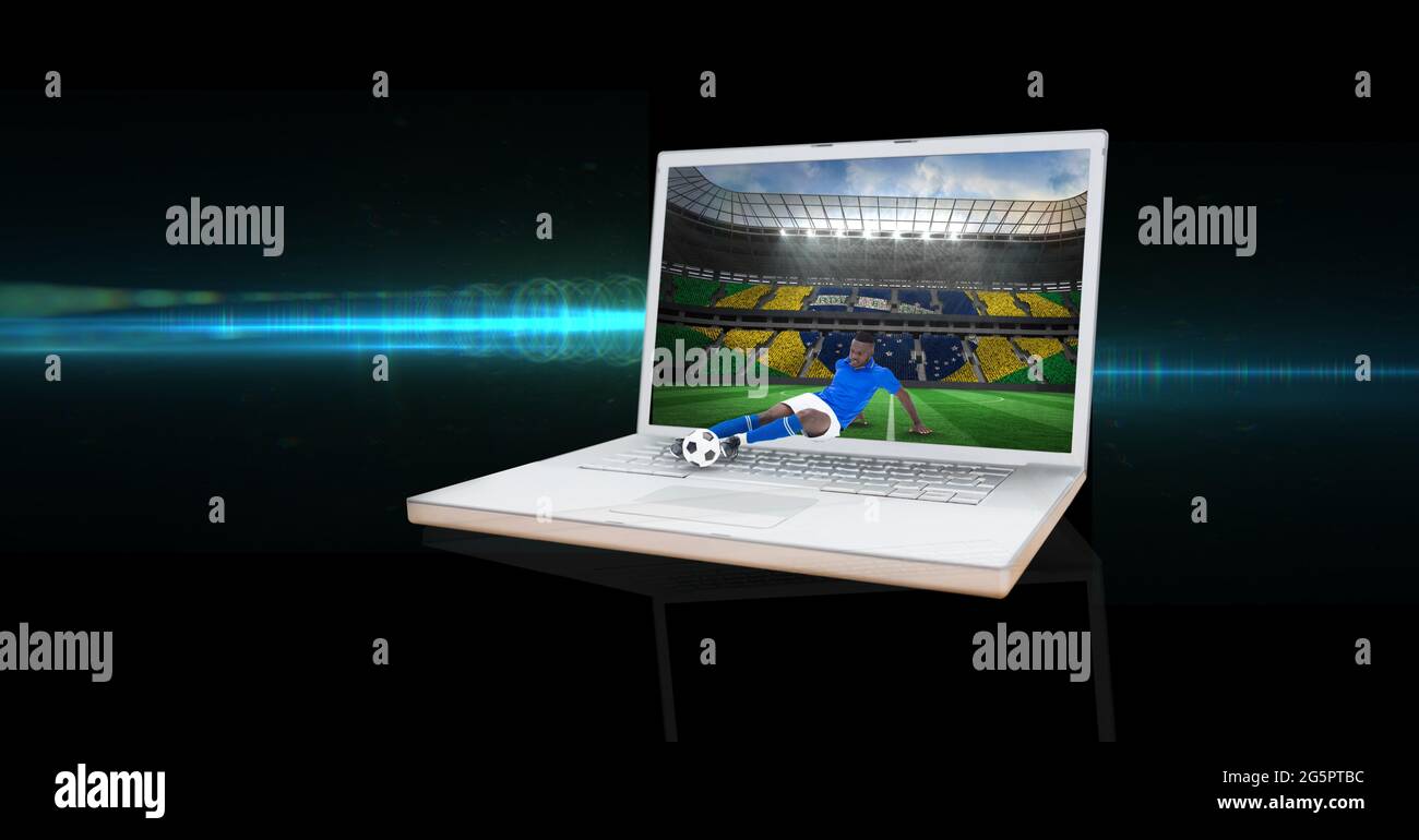 Football Player Using A Computer Composition of male football player kicking football at stadium in ...