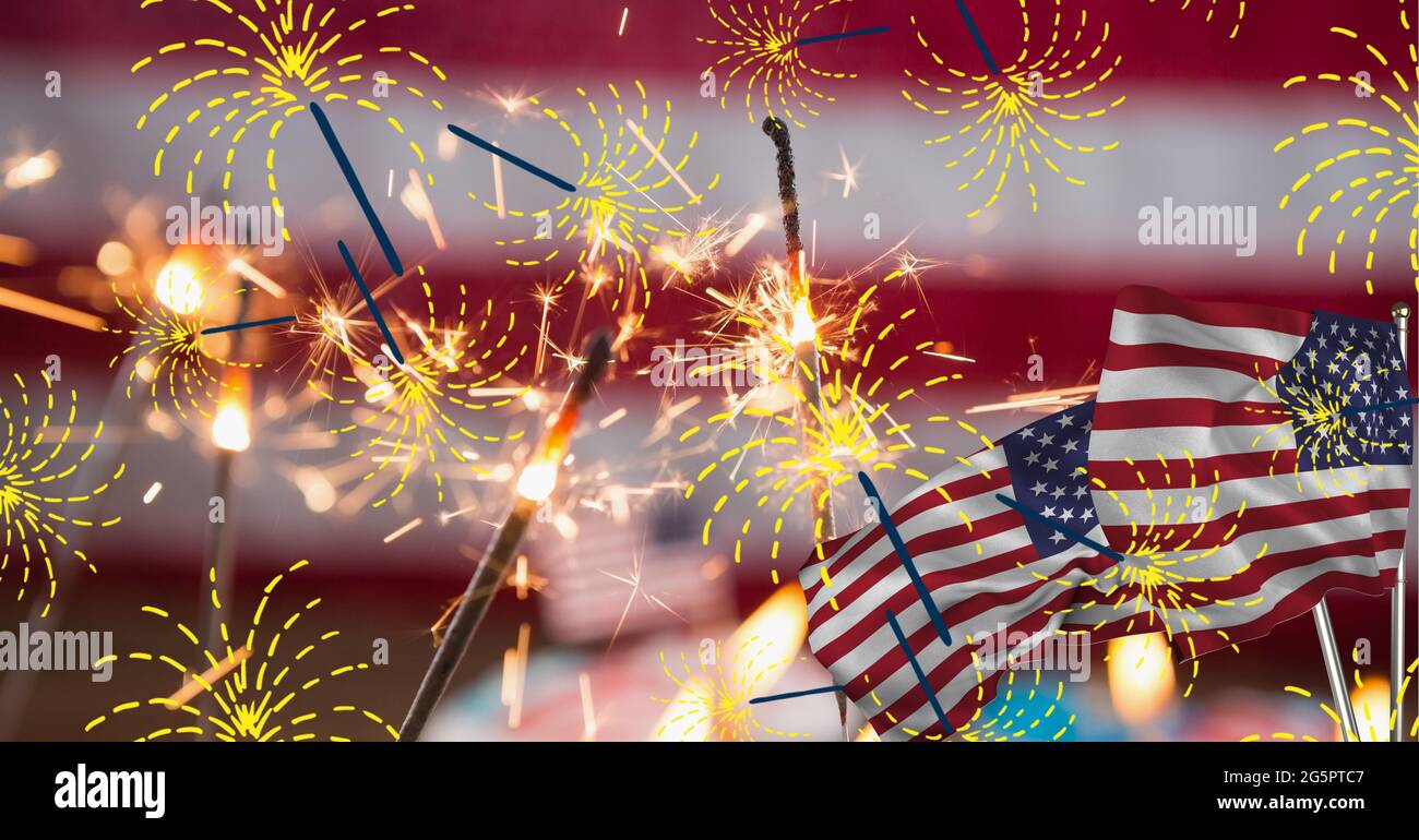 Composition of sparklers and flags over american flag Stock Photo - Alamy