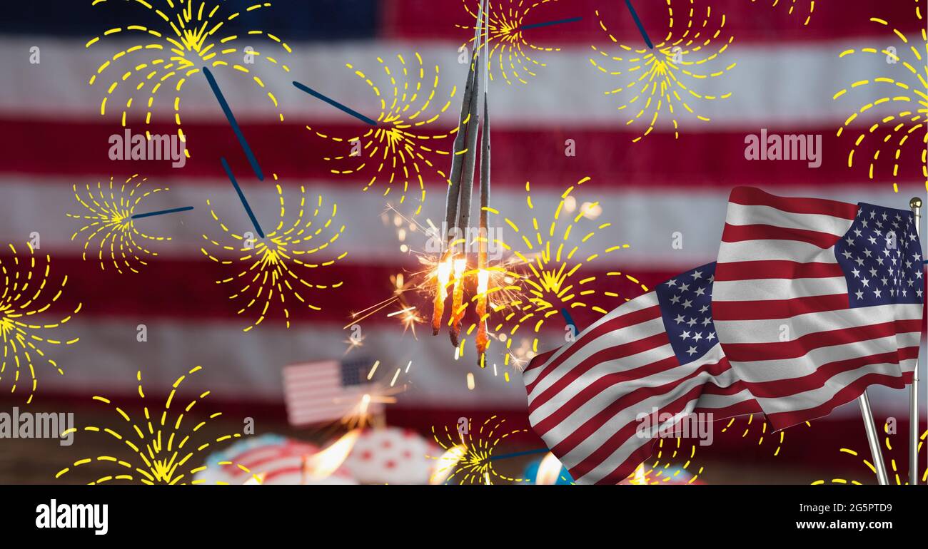 Composition of lit sparklers over american flag Stock Photo - Alamy