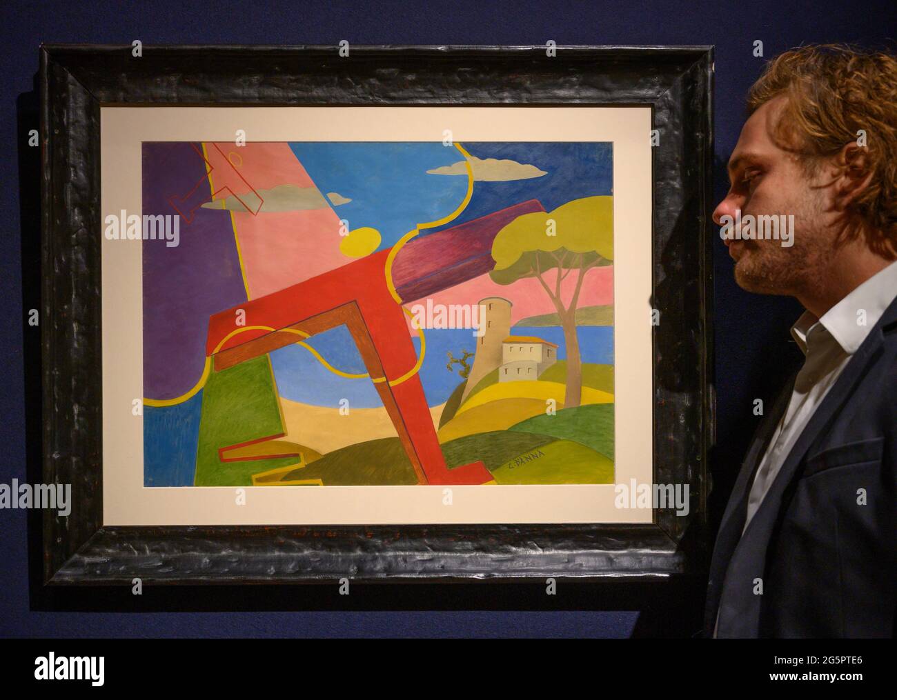 Bonhams, London, UK. 29 June 2021. Preview of works from the current sale Aeropittura, Italian Futurism in Flight sale at Bonhams, ending online 1 July 2021. Image: GIULIO D'ANNA (1908-1978). Paesaggio simultaneo + aerei Caproni. Ending from: 1 Jul 2021 at 12:08 BST. Estimate: £10,000-15,000. Credit: Malcolm Park/Alamy Live News. Stock Photo
