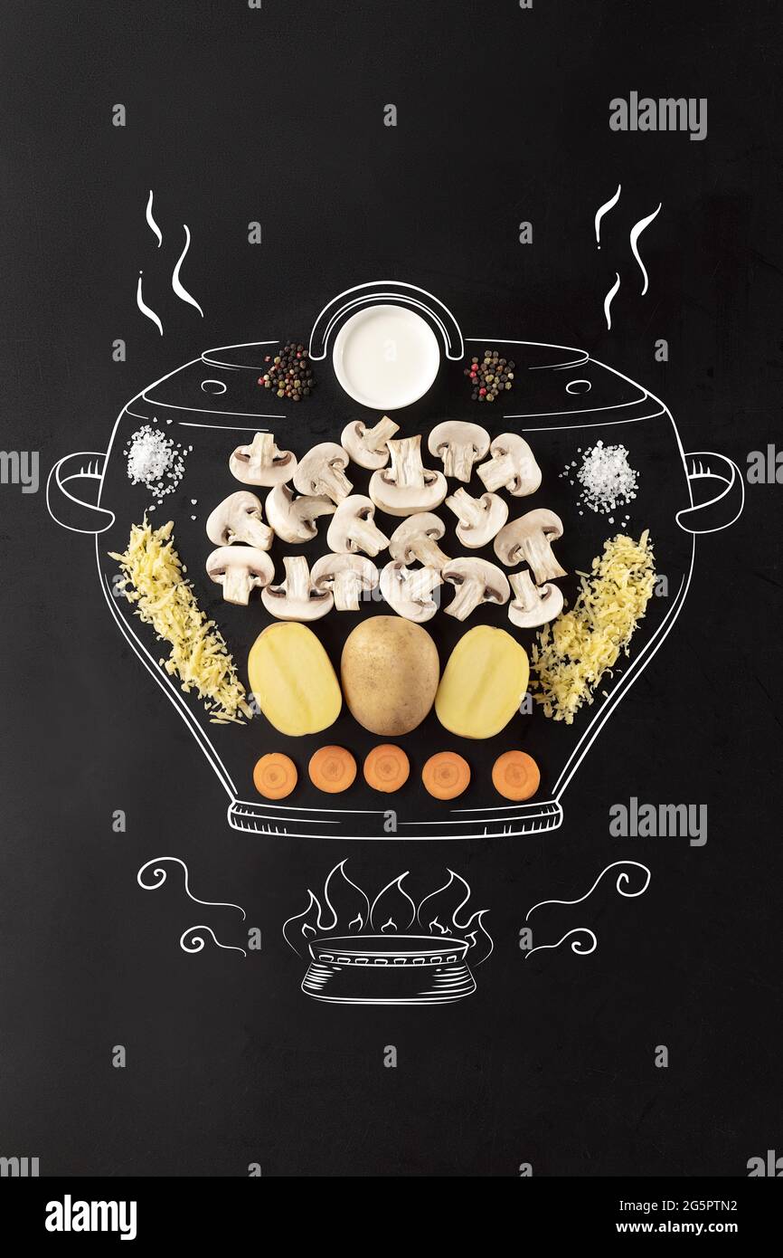 Potatoes or mushrooms. Cooking pot on fire. Set of ingredients for cream mushrooms soup. Rice, onion, carrot and pepper. Artwork. Drawn in chalk. Stock Photo