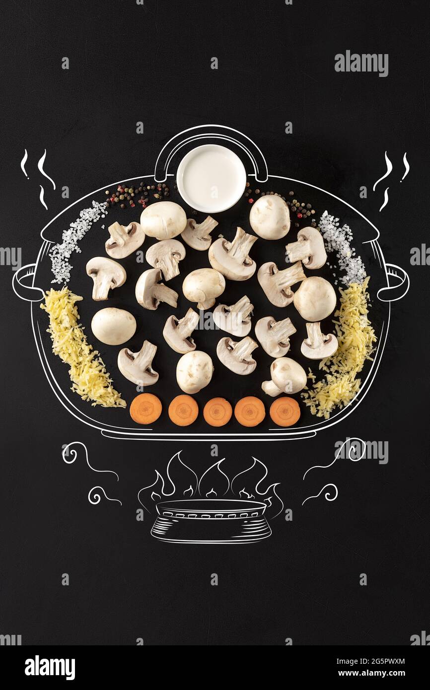 Cooking pot on fire. Set of ingredients for cream mushrooms soup. Mushrooms, rice, onion, carrot and pepper. Artwork. Drawn in chalk. Stock Photo