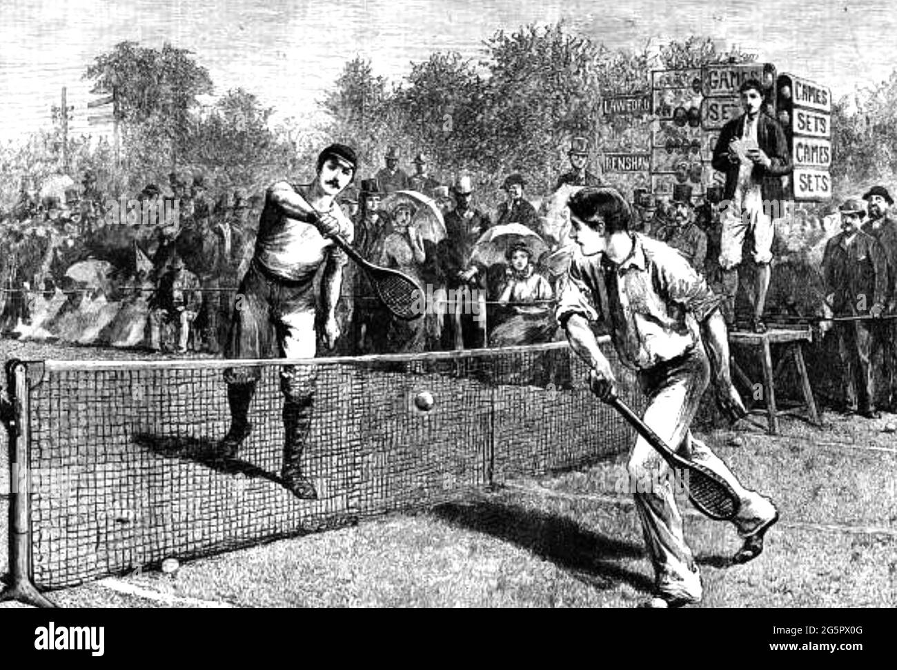 WILLIAM RENSHAW (1861-1904) English tennis player who won twelve major titles during his career including seven Wimbledon singles titles. Renshaw is at left in this Graphic magazine engraving of his 1881 clash with Herbert Lawford in the 5th round at Wimbledon. Renshaw went on to win the singles title. Stock Photo
