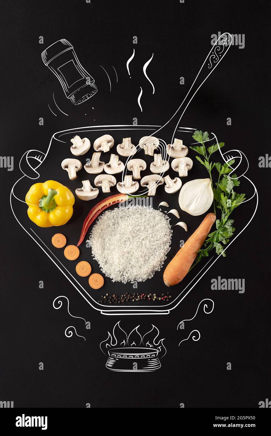 Creative cuisine. Cooking pot on fire. Set of ingredients for cream mushrooms soup. Mushrooms, rice, onion, carrot and pepper. Artwork. Drawn in chalk Stock Photo