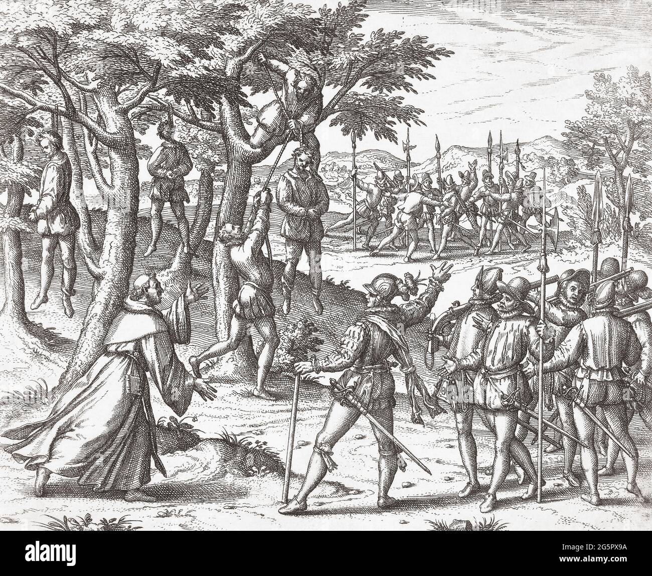 Christopher Columbus oversees execution of mutinous soldiers, ignoring a priest who tries to stop him.  Christopher Columbus, 1451 - 1506.  Italian explorer and navigator.  After a late 16th century work by Theodor de Bry. Stock Photo