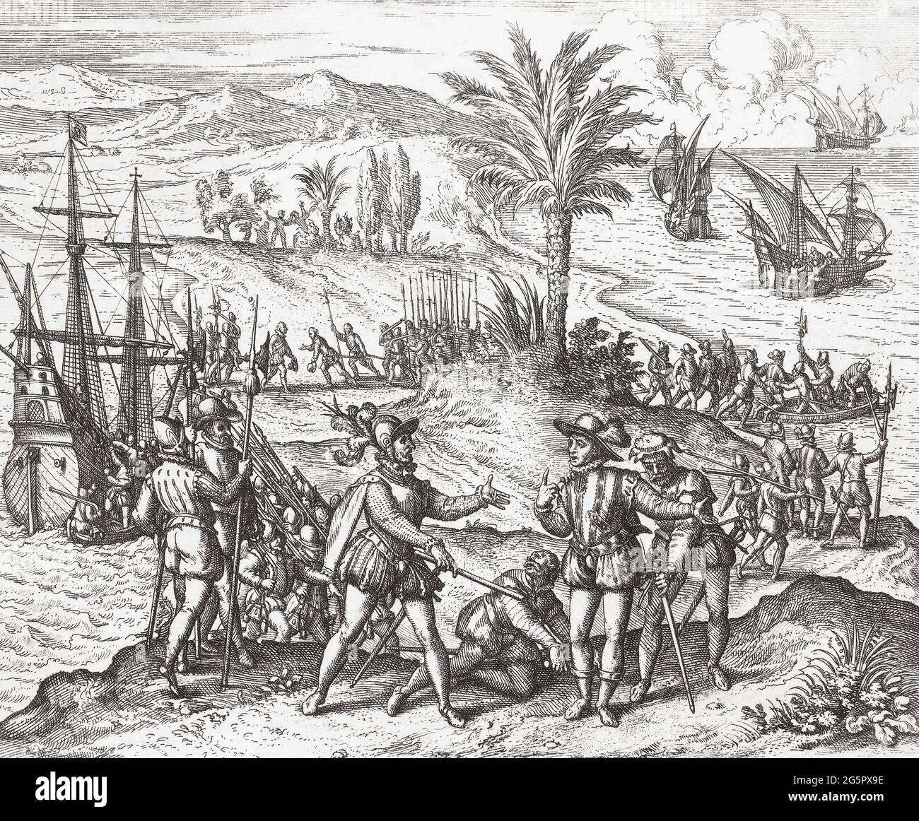 Christopher Columbus is arrested by order of the Spanish Crown before being sent back to Spain in chains to face charges of incompetance and brutality during his tenure as governor of the Indies.  Christopher Columbus, 1451 - 1506.  Italian explorer and navigator.  After a late 16th century work by Theodor de Bry. Stock Photo