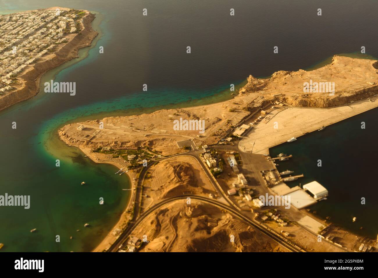 aerial view over Sharm El Sheikh city of Egypt with hotels lines over seashore Stock Photo