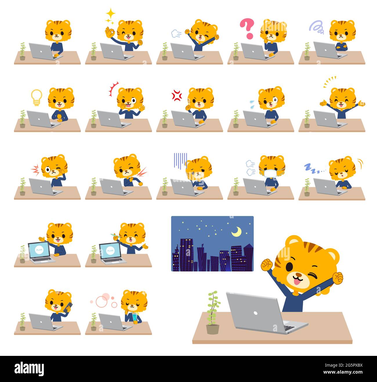 A set of Tiger boy on desk work.It's vector art so it's easy to edit. Stock Vector