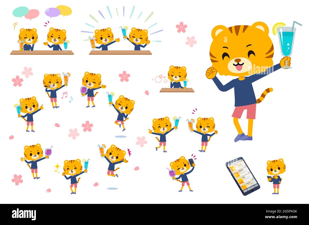A set of Tiger boy on a drink party.It's vector art so it's easy to edit. Stock Vector