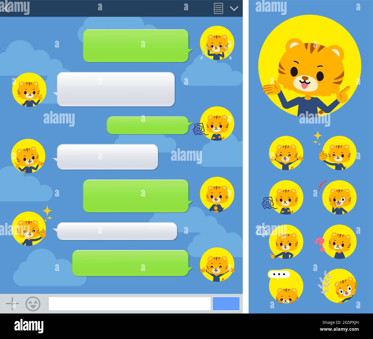 A set of Tiger boy with expresses various emotions on the SNS window.It's vector art so it's easy to edit. Stock Vector