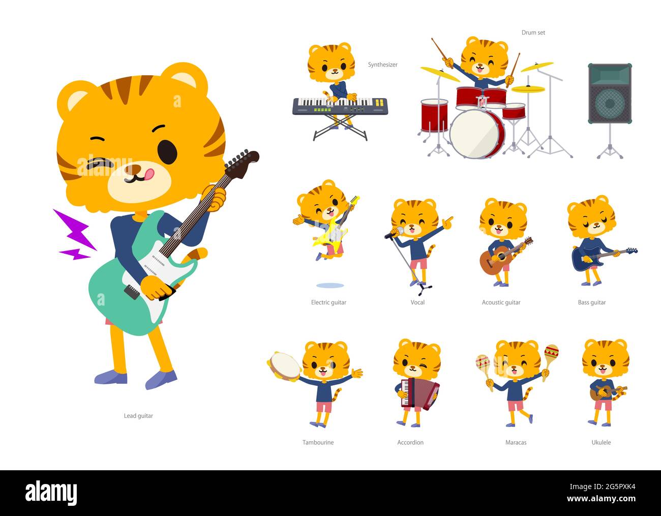 A set of Tiger boy playing rock 'n' roll and pop music.It's vector art so it's easy to edit. Stock Vector