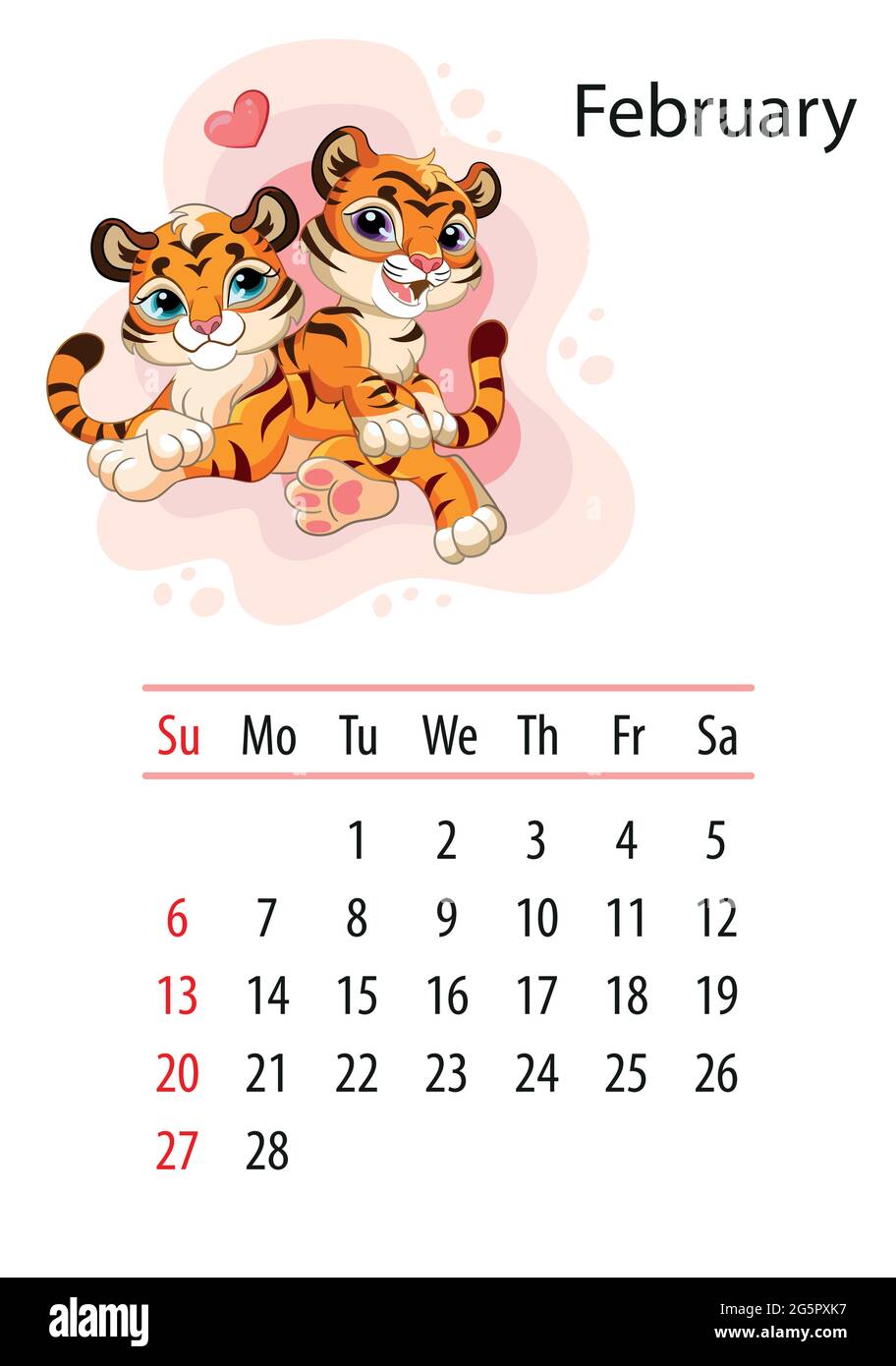 Wall calendar design template for february 2022,year of Tiger according to the Chinese or Eastern calendar. Animal character. Vector illustration. Wee Stock Vector Image & Art - Alamy