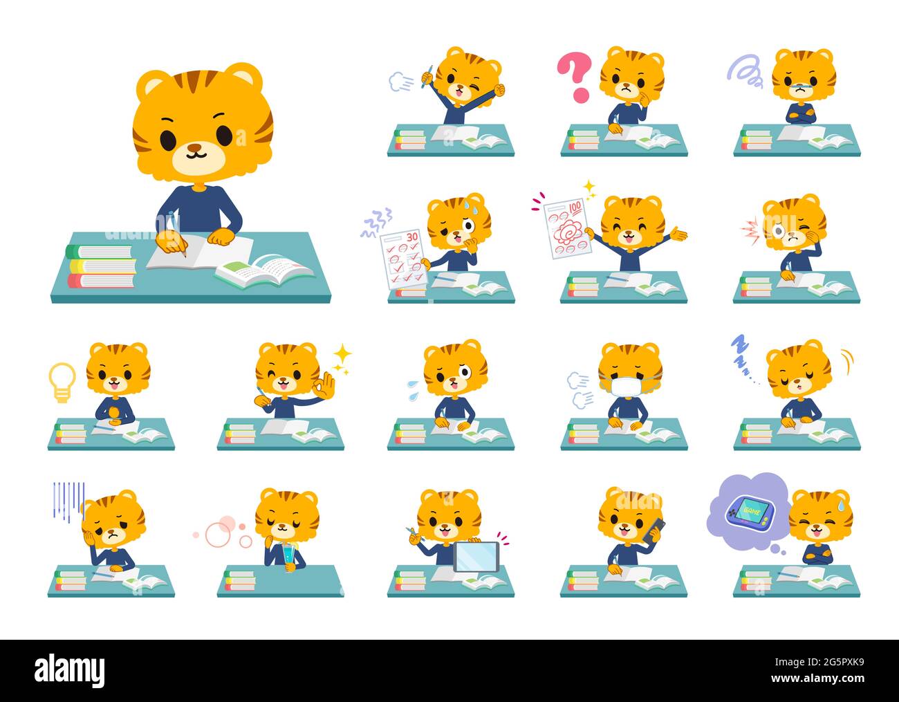 A set of Tiger boy on study.It's vector art so it's easy to edit. Stock Vector