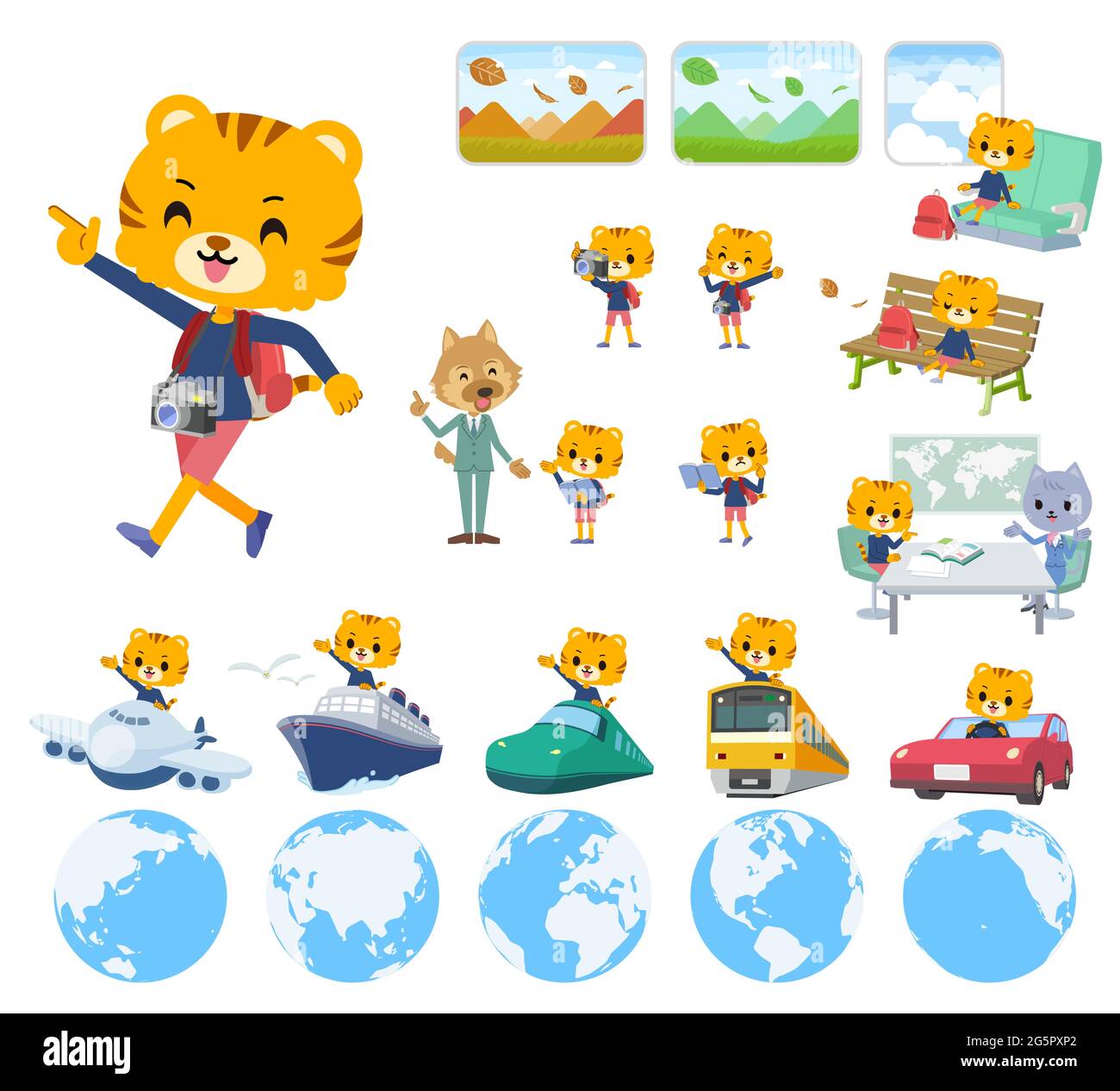A set of Tiger boy on travel.It's vector art so it's easy to edit. Stock Vector