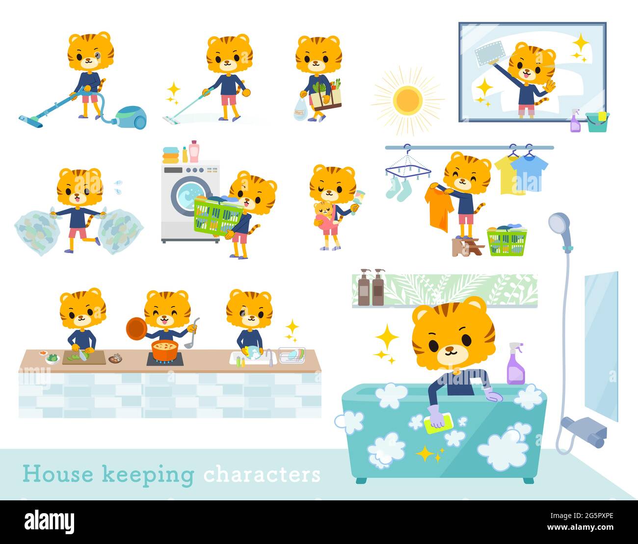 A set of Tiger boy related to housekeeping.It's vector art so it's easy to edit. Stock Vector