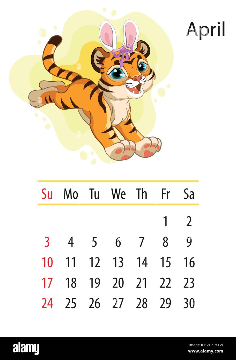 Wall calendar design template for april 2022, year of Tiger according to the Chinese or Eastern calendar. Animal character. Vector illustration. Week Stock Vector