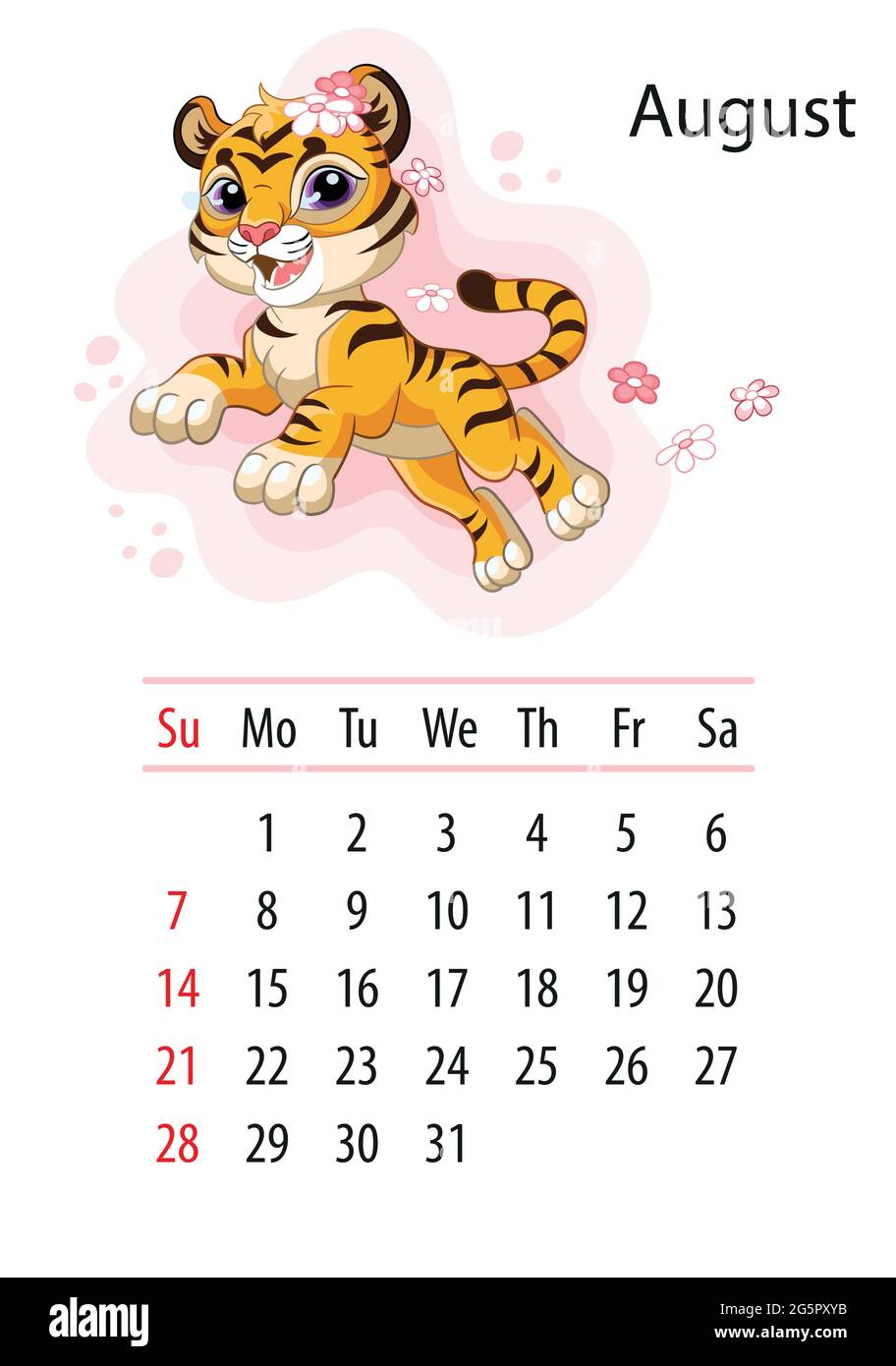 Wall calendar design template for august 2022, year of Tiger according to  the Chinese or Eastern calendar. Animal character. Vector illustration.  Week Stock Vector Image & Art - Alamy