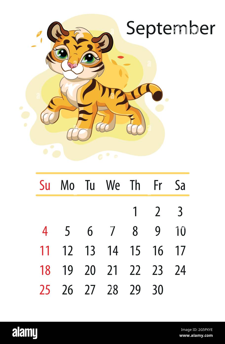 Wall calendar design template for september 2022, year of Tiger according to the Chinese or Eastern calendar. Animal character. Vector illustration. W Stock Vector