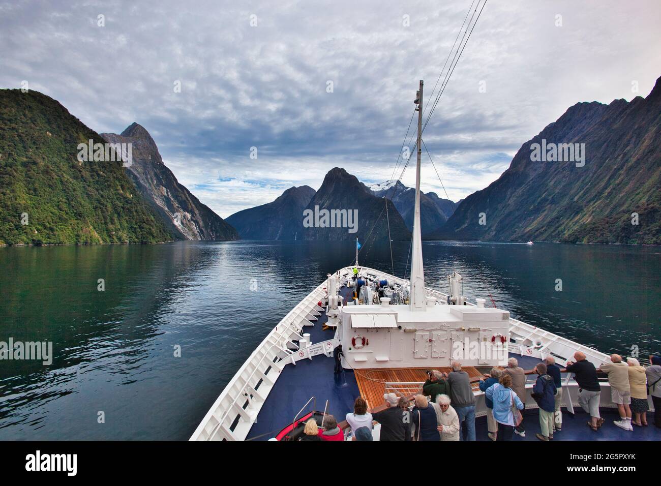 The fjords of the south of South Island, New Zealand, as viewed from a cruise ship with steep cliffs and rocks, some tree covered Stock Photo