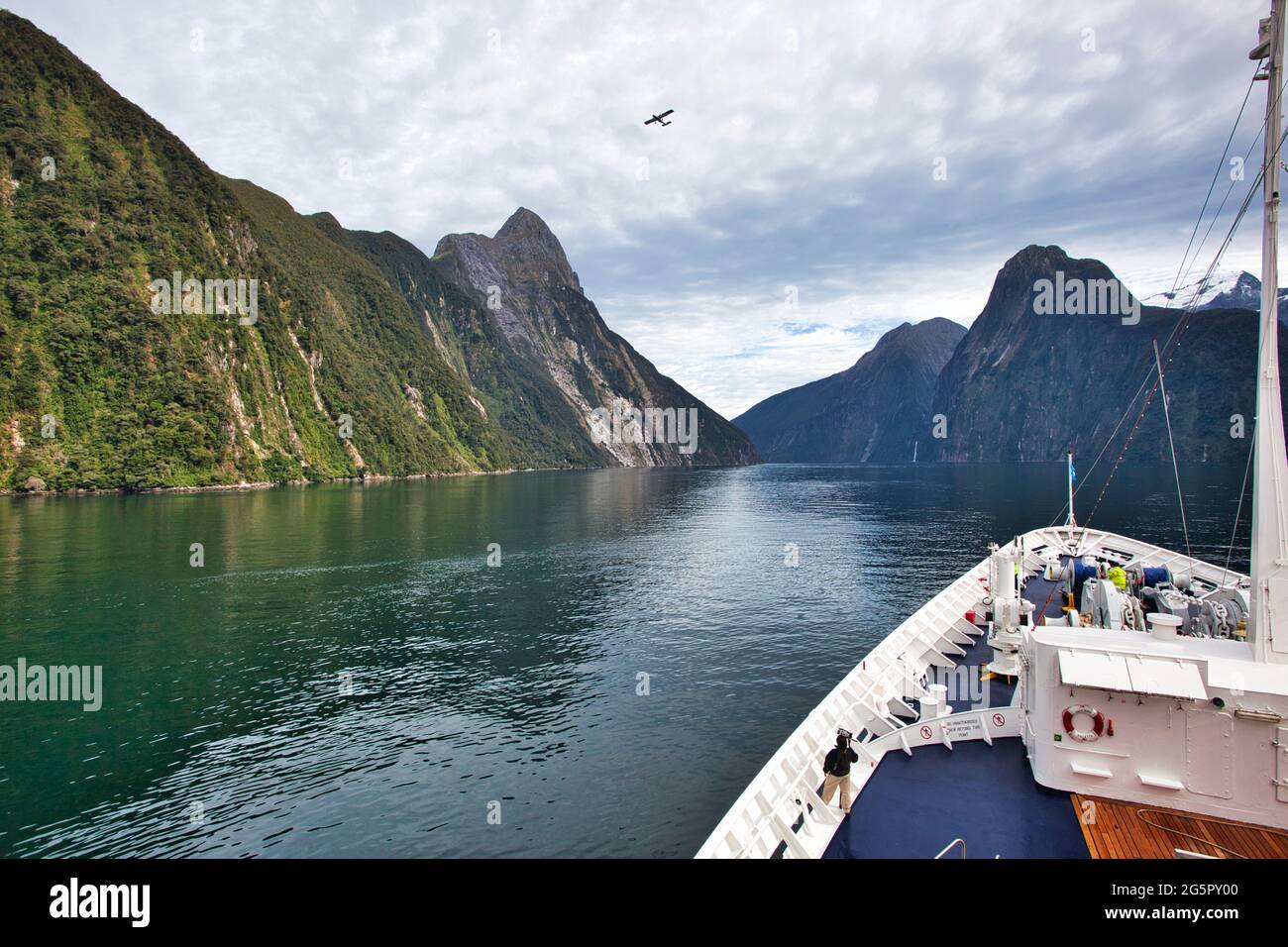 The fjords of the south of South Island, New Zealand, as viewed from a cruise ship with steep cliffs and rocks, some tree covered Stock Photo